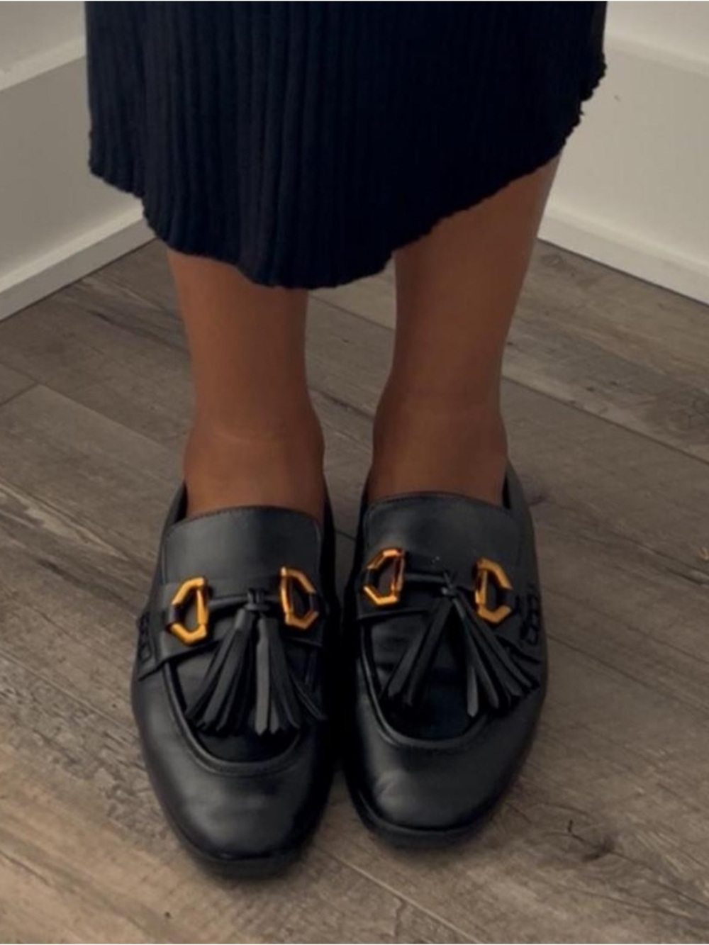 Zara Black Tassel Loafers with Gold Hardware size 39